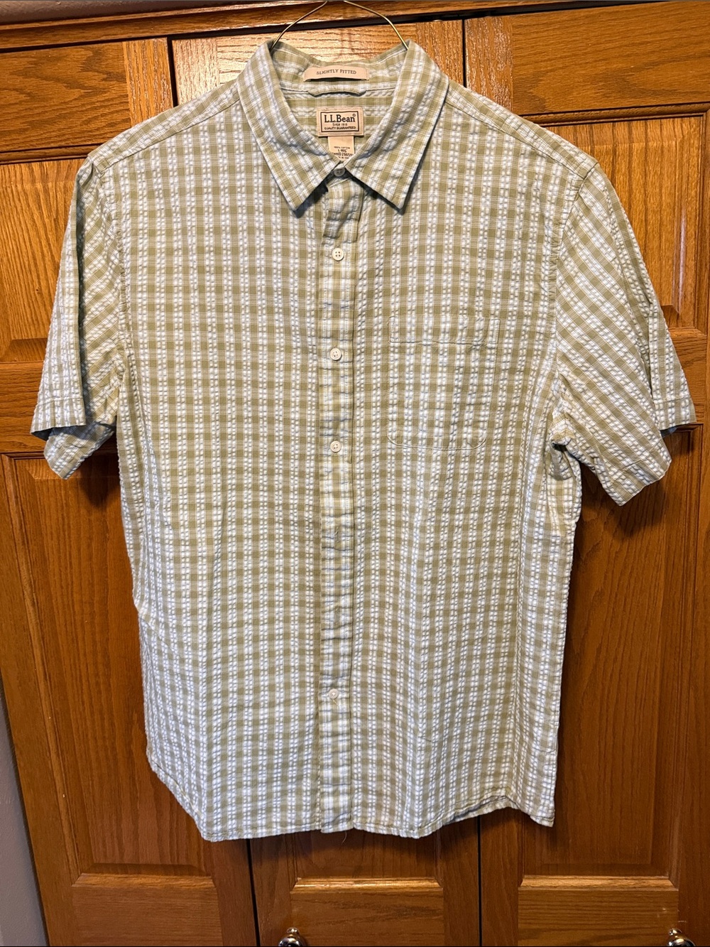 L.L. Bean Short-Sleeve Plaid Button-Down Shirt in Pale Green and Blue-Large-Reg